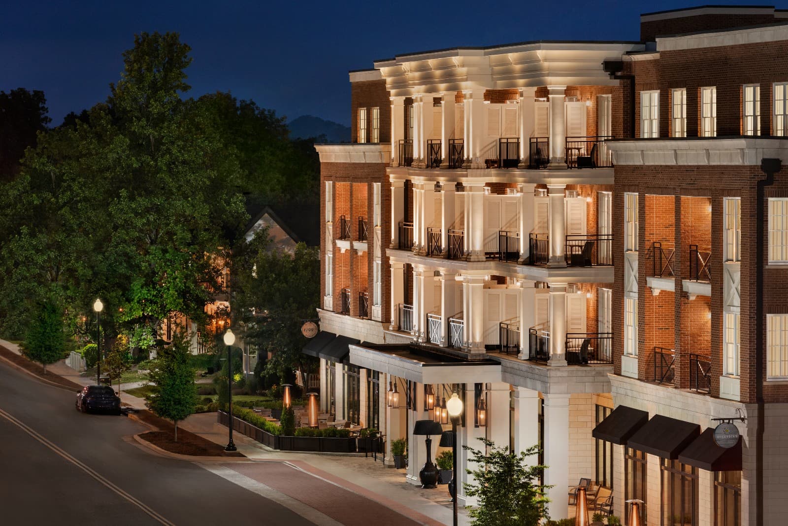 The Harpeth Hotel at dusk in downtown Franklin, Tennessee