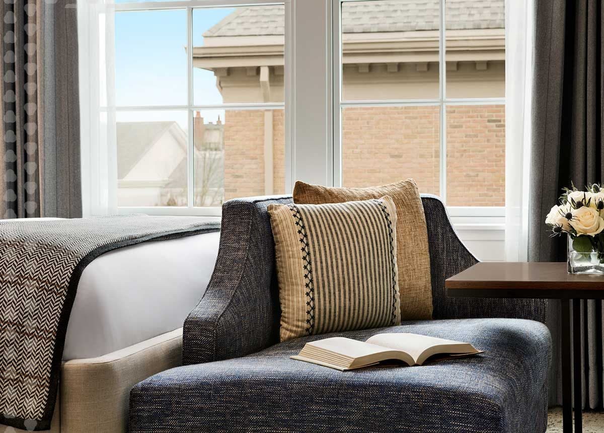 A guest room at The Harpeth looking out over historic Franklin